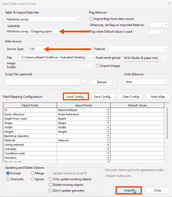 In the ODIC, settings updated for the Subtable and Data Source File, both called out with red arrows; with Load Config already selected and Import being clicked, both highlighted in red.