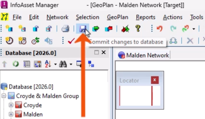 The File toolbar, with Commit changes to database being selected and called out with a red arrow.