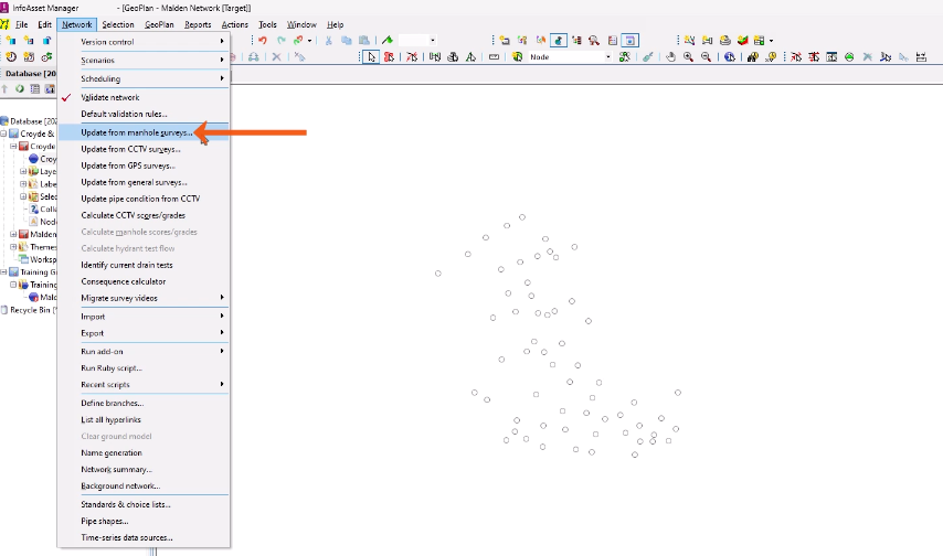 In the InfoAsset Manager interface, a network open on the GeoPlan, and in the Network menu, Update from manhole surveys being selected and called out with a red arrow.