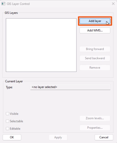 The GIS Layer Control dialog, with Add layer being selected and highlighted in red.
