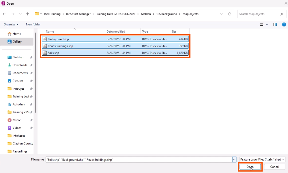 The Open dialog, with the files to be loaded selected and highlighted in red, and Open being selected and highlighted in red.