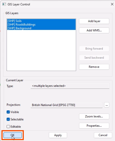 The GIS Layer Control dialog, with OK being selected and highlighted in red.