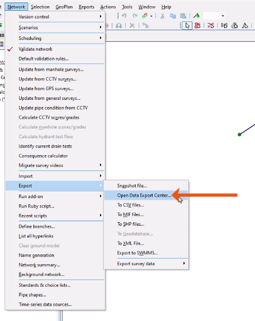 The Network menu expanded with Export selected, and in the flyout, Open Data Export Center being selected and called out with a red arrow.