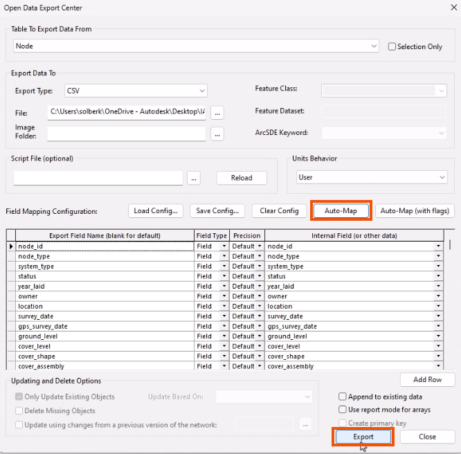 In the ODEC, Auto-Map selected and highlighted in red, and Export being selected and highlighted in red.