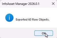 A popup confirming the number of exported row objects.