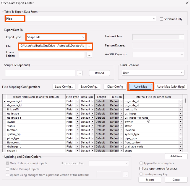 In the ODEC, settings configured to export Pipe data to a shape file and highlighted in red.