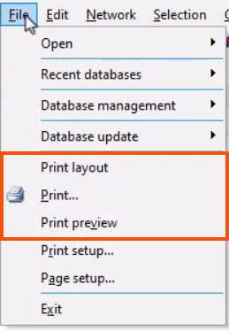 The File menu expanded, with the print-related options highlighted in red.