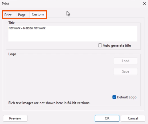 In the Print dialog, the Print, Page, and Custom tabs highlighted in red, with the Custom tab selected.