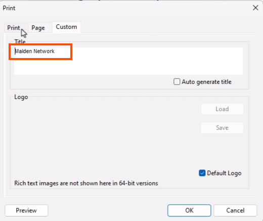 The Custom tab of the Print dialog, with the Title shortened and highlighted in red.
