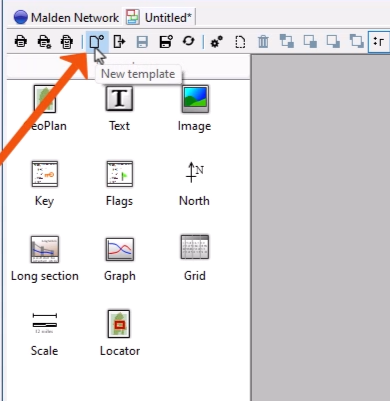 The Print Layout View toolbar, with New template called out with a red arrow.