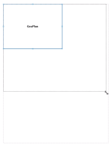 The page pane, with the GeoPlan frame repositioned and resized, and the handles being dragged to resize the frame again.