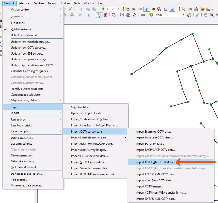 In the Network menu, the Import menu expanded with Import CCTV survey data selected, and in the flyout, Import MSCC XML CCTV data being selected and called out with a red arrow.
