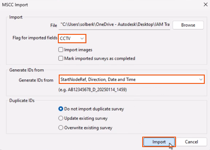 In the MSCC Import dialog, settings configured for this example and highlighted in red, with Import being selected and highlighted in red.