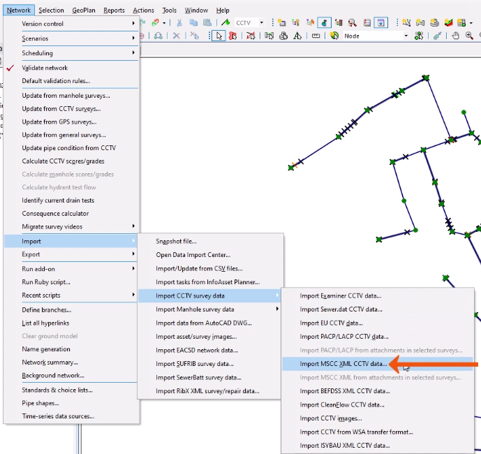 In the Network menu, the Import menu expanded with Import CCTV survey data selected, and in the flyout, Import MSCC XML CCTV data being selected and called out with a red arrow.