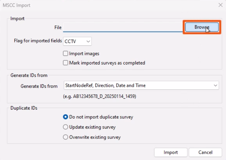 The MSCC Import dialog, with Browse being selected and highlighted in red.