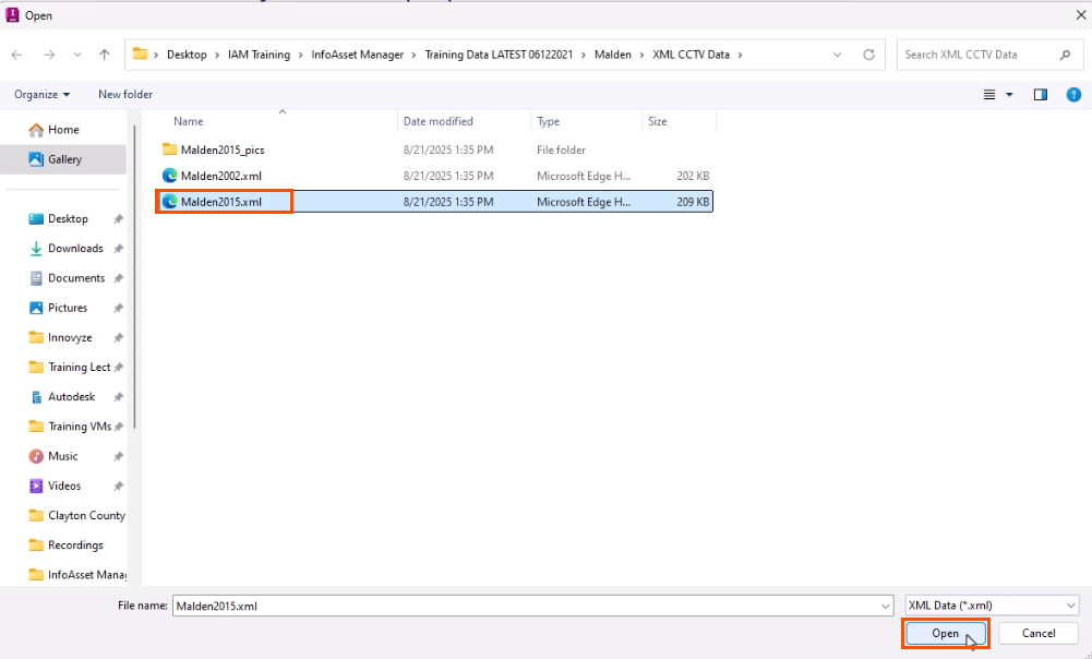 The Open dialog, with the XML file selected and highlighted in red, and Open being selected and highlighted in red.