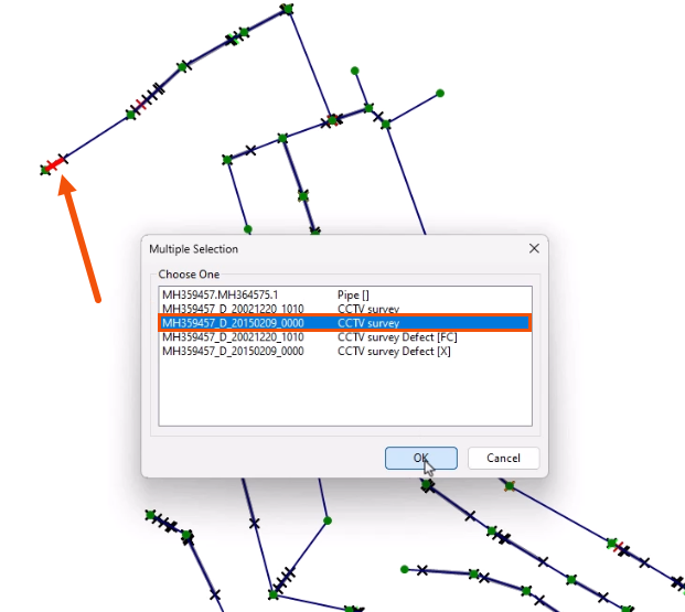 On the GeoPlan, the selected CCTV object called out with a red arrow, and in the Multiple Selection dialog, the most recent survey selected and highlighted in red, with OK being selected.