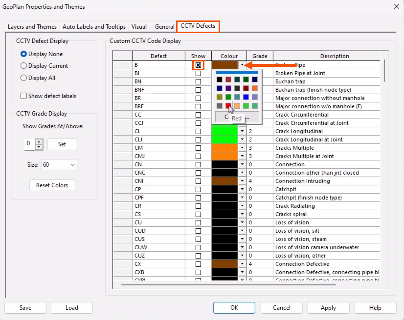 In the GeoPlan Properties and Themes dialog, the CCTV Defects tab active and highlighted in red, and for Defect B, Show selected, with the Colour palette expanded and called out with a red arrow.
