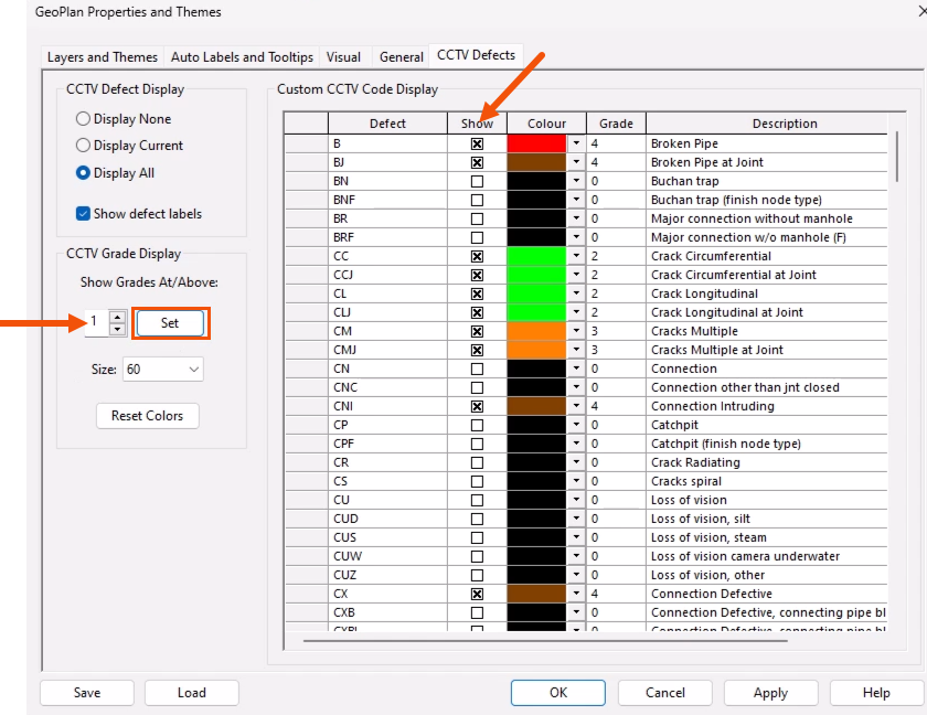 The GeoPlan Properties and Themes dialog, with the Defect Grade set to 1 and called out with a red arrow, and Set clicked and highlighted in red, with the Show column called out with a red arrow and all defects with a grade equal to or greater than 1 selected in this column.