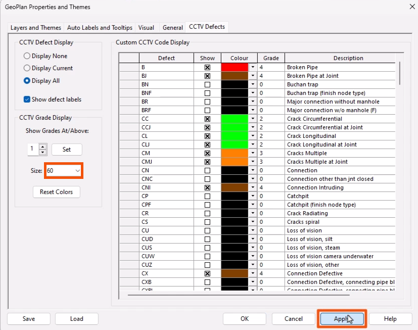 The GeoPlan Properties and Themes dialog, with the Size drop-down highlighted in red, and Apply being selected and highlighted in red.