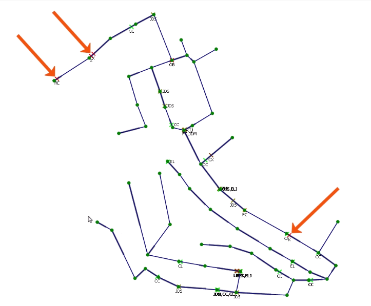 The GeoPlan with the defects displayed in the corresponding colors for their grade and three defects called out with red arrows.