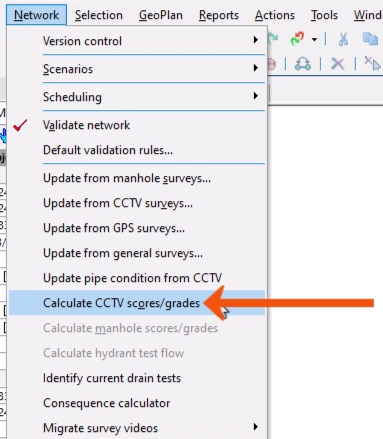 The Network menu expanded, with Calculate CCTV scores/grades being selected and called out with a red arrow.