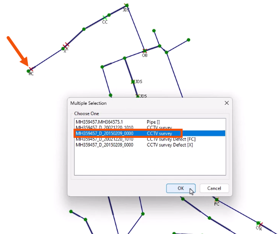 In the GeoPlan, an object selected and called out with a red arrow, and in the Multiple Selection dialog, the most recent survey selected and highlighted in red, with OK being selected.