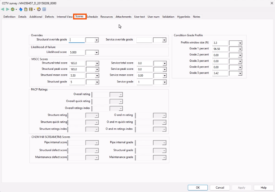 The CCTV Survey property sheet, with the Scores tab selected and highlighted in red.