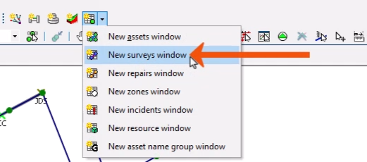 On the Asset Grid Windows toolbar, the windows menu expanded, with New surveys window being selected and called out with a red arrow.