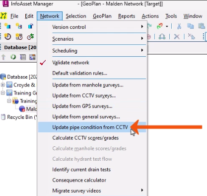 The Network menu expanded, with Update pipe condition from CCTV being selected and called out with a red arrow.