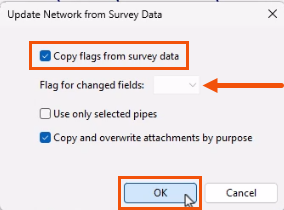 In the Update Network from Survey Data dialog, Copy flags from survey data selected and highlighted in red, the Flag for changed fields drop-down called out with a red arrow, and OK being selected and highlighted in red.