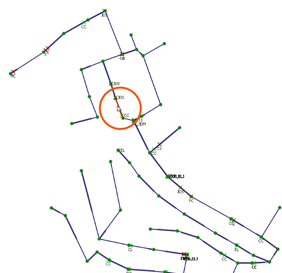 The GeoPlan with a pipe being selected and highlighted with a red circle.