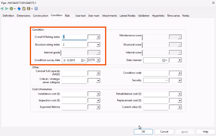 The property sheet, with the Condition tab selected, and the updated Condition fields highlighted in red.