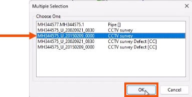The Multiple Selection dialog, with the most recent CCTV Survey selected and called out with a red arrow, and OK being selected and highlighted in red.