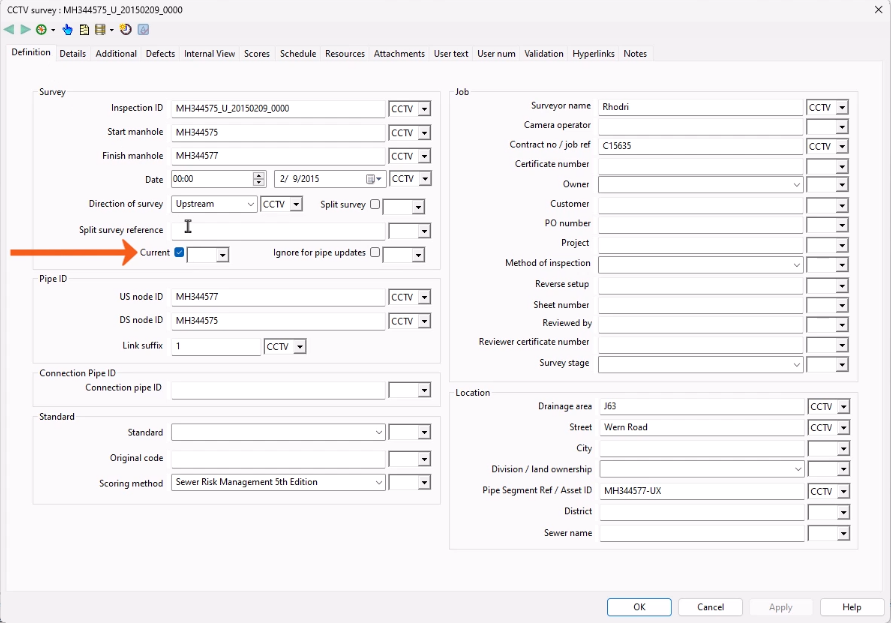 The CCTV survey property sheet, with the Definition tab selected, and Current selected and called out with a red arrow.