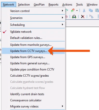 The Network menu expanded, with Update from CCTV surveys being selected and called out with a red arrow.