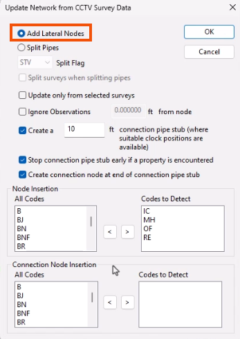 The Update Network from CCTV Survey Data dialog, with Add Lateral Nodes selected and highlighted in red.