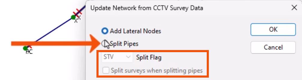 In the Update Network from CCTV Survey Data dialog, the Split Pipes option called out with a red arrow, with the additional related settings highlighted in red.