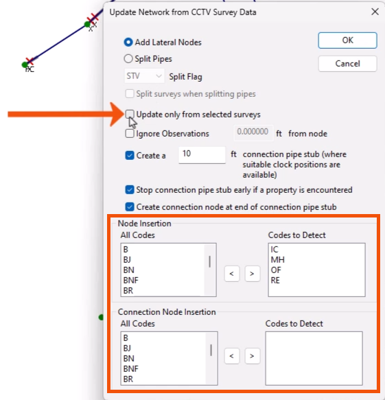 The Update Network from CCTV Survey Data dialog, with Update only from selected surveys deselected and called out with a red arrow, and the Node Insertion and Connection Node Insertion groups highlighted in red.