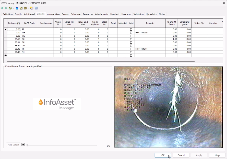 An example of a CCTV survey property sheet.