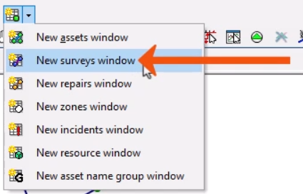 From the Asset Grid Windows toolbar, the New window drop-down expanded, with New surveys window being selected and called out with a red arrow.