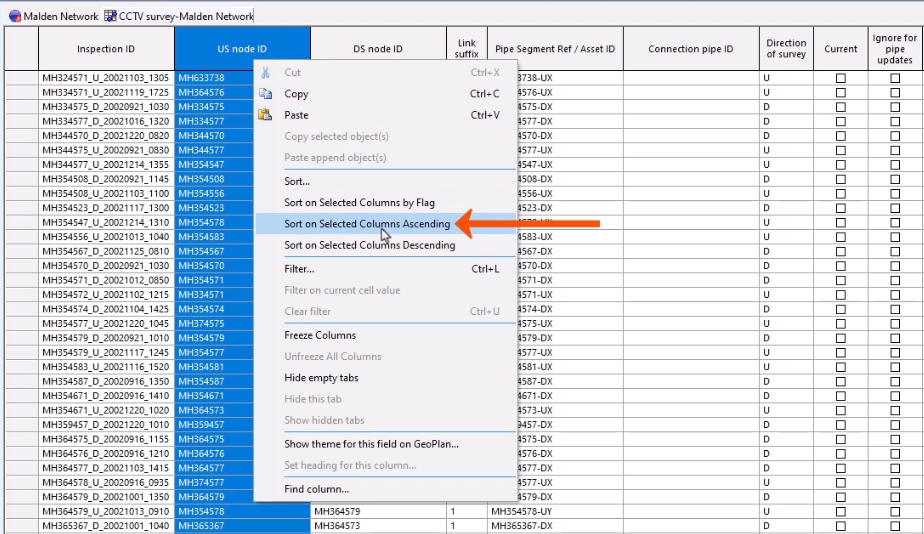 In the surveys window, the context menu for the US node ID column expanded, with Sort on Selected Columns Ascending being selected and called out with a red arrow.