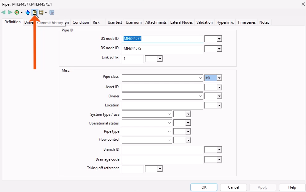 On the Pipe property sheet, in the toolbar, Commit History being selected and called out with a red arrow.