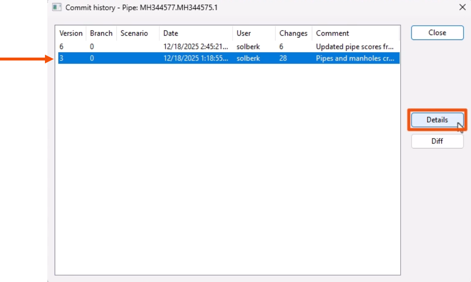 The Commit history dialog, with a commit selected and called out with a red arrow, and Details being selected and highlighted in red.