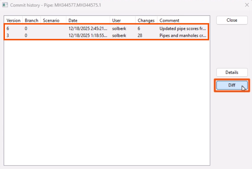 The Commit history dialog, with two commits selected and highlighted in red, and Diff being selected and highlighted in red.