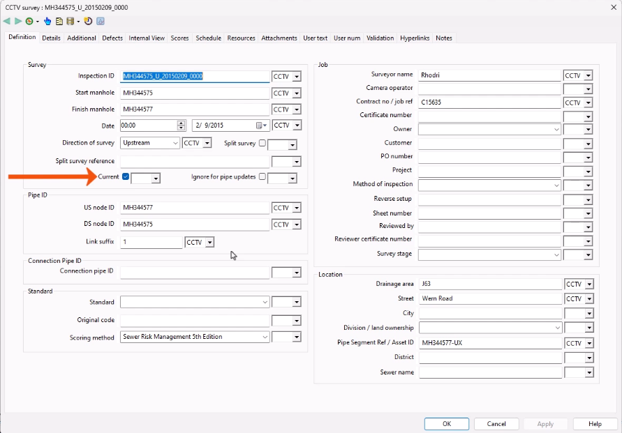 The CCTV Survey property sheet with Current selected and called out with a red arrow.