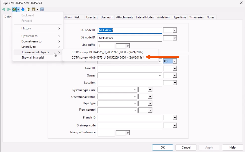 On a Pipe property sheet, the Navigate drop-down expanded with To associated objects selected, and in the list of associated objects, the current CCTV survey indicated by an asterisk and called out with a red arrow.