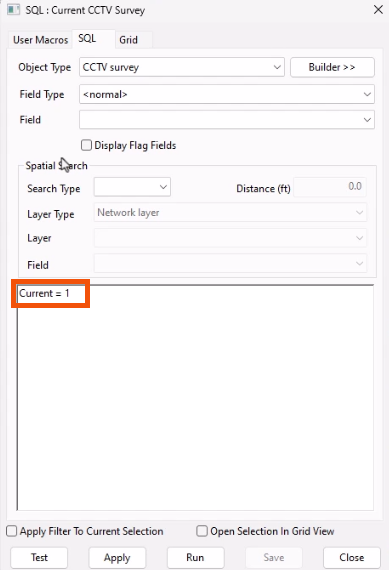 The SQL dialog, with “Current = 1” entered in the text box and highlighted in red.