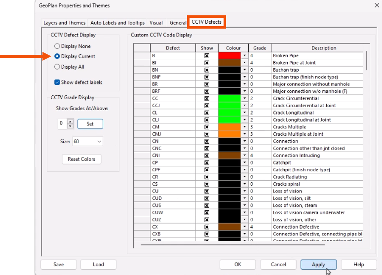 The GeoPlan Properties and Themes dialog, with the CCTV Defects tab selected and highlighted in red, and Display current selected and called out with a red arrow.