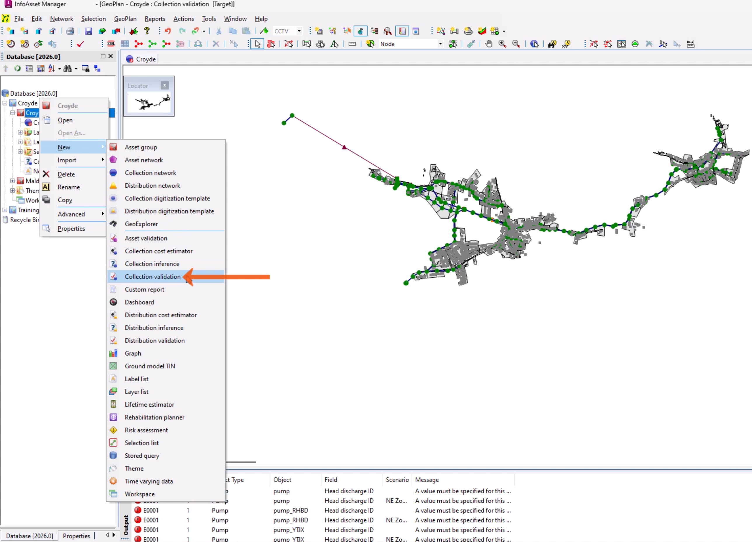 In the InfoAsset Manager interface, the context menu for an Asset Group expanded in the Explorer window, with New selected and Collection Validation selected in the flyout.